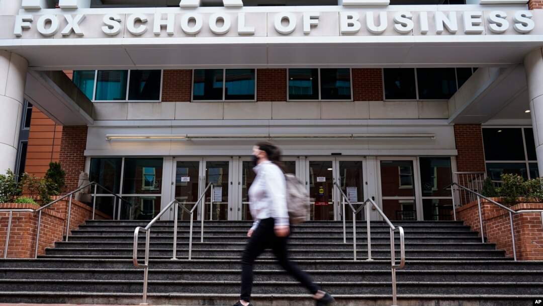 FILE - The Fox School of Business is shown on the Temple University campus in Philadelphia on Friday, April 16, 2021. (AP Photo/Matt Rourke)