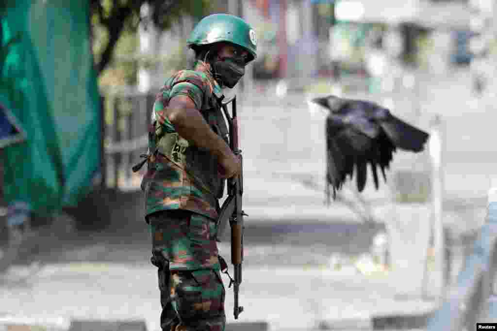 A crow flies by as a Sri Lankan army soldier stands guard on a main road after the government imposed a curfew following a clash between police and protesters near Sri Lankan President Gotabaya Rajapaksa's residence, April 3, 2022.