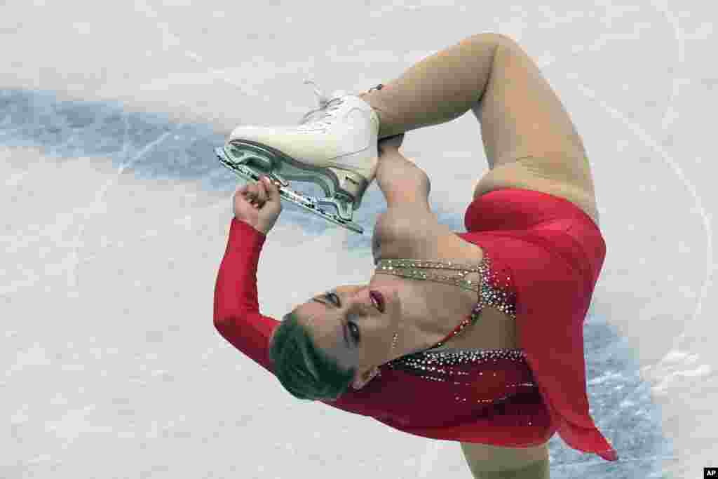 Loena Hendrickx of Belgium performs in the women's short program at the Figure Skating World Championships in Montpellier, France.