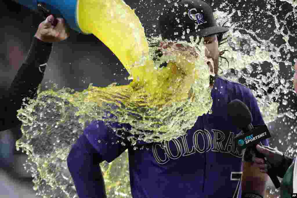 Colorado Rockies' Charlie Blackmon, left, douses Brendan Rodgers after the latter's two-run home run off Miami Marlins relief pitcher Cole Sulser during the 10th inning of the second game of a baseball doubleheader, June 1, 2022, in Denver, Colorado.