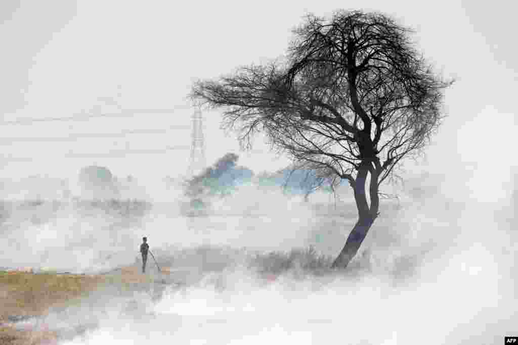 A worker burns stubble after harvesting pulse crop in a field at Hoshangabad district of India's Madhya Pradesh state, India.