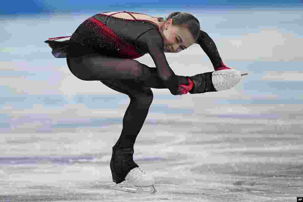 Kamila Valieva of the Russian Olympic Committee competes in the women's team free skate program during the figure skating competition at the 2022 Winter Olympics in Beijing.