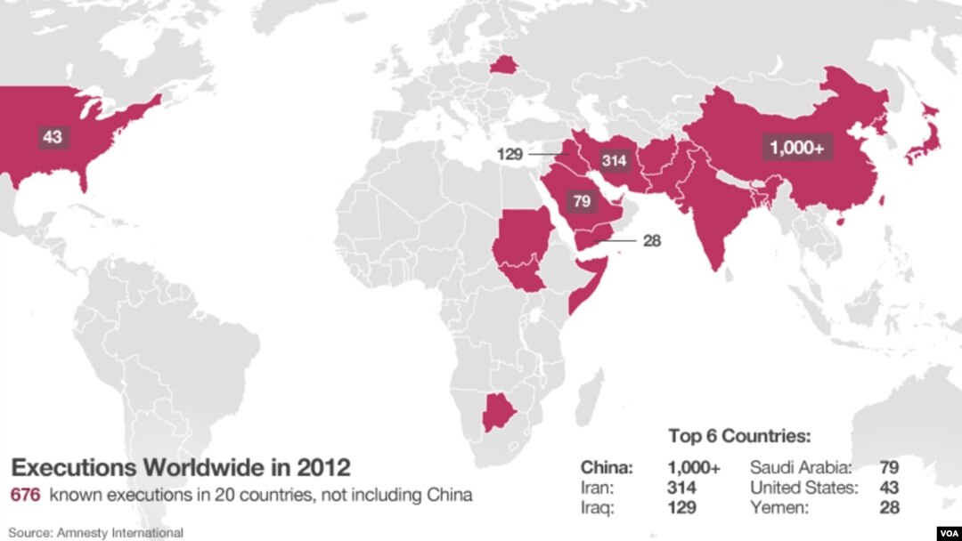 Map of executions across the world in 2012, according to Amnesty International.