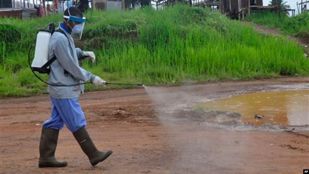 Ebola health workers spray disinfectant on a road near the home of a 17-year old boy that died from the Ebola virus on the outskirts of Monrovia, Liberia, Wednesday, July 1, 2015.