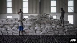 FILE - Men carry a bags of wheat to be loaded on an aid truck in a U.N. storehouse on the outskirts of Semera, Afar region, Ethiopia, May 15, 2022. 
