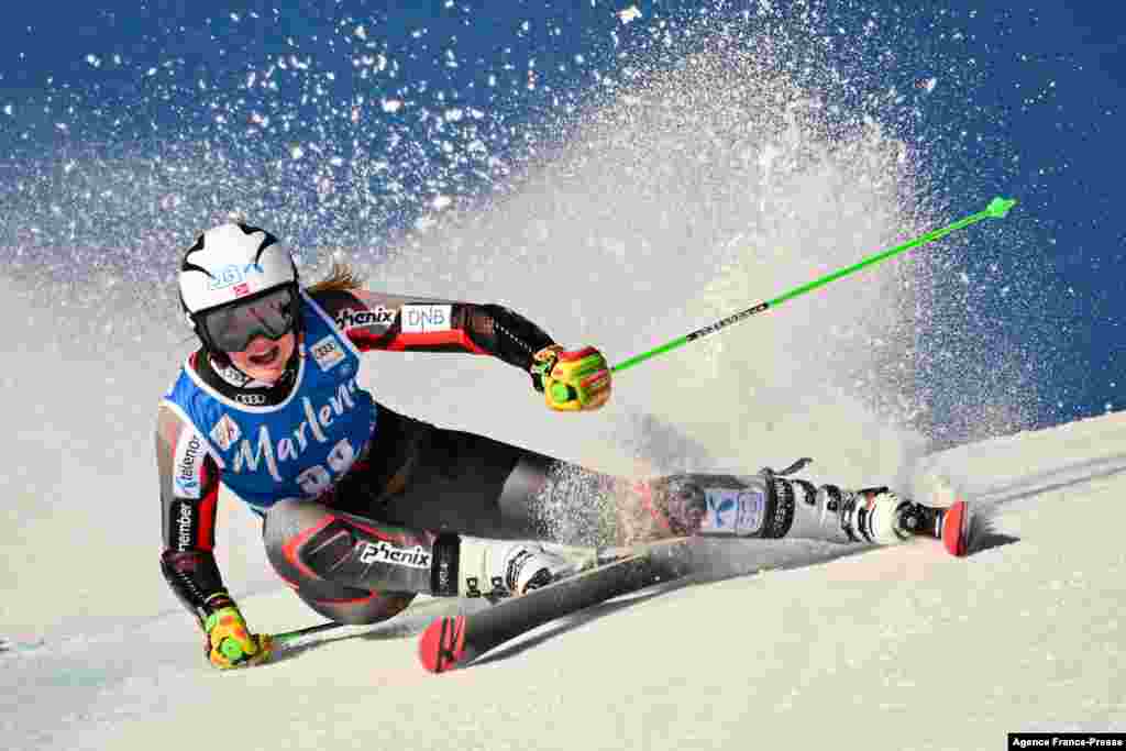Norway's Thea Louise Stjernesund competes in the first run of the Women's Giant Slalom event as part of the FIS Alpine World Ski Championships in Kronplatz, Italian Alps.