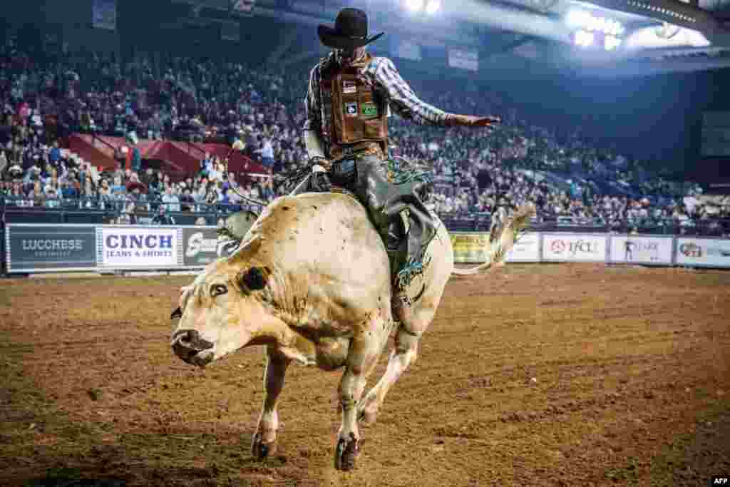 Brady Portenier of Caldwell, Indiana, competes in the El Paso County Colosseum, Texas, during the Tuff Hedeman Bull Riding Tour, Feb.16, 2019.
