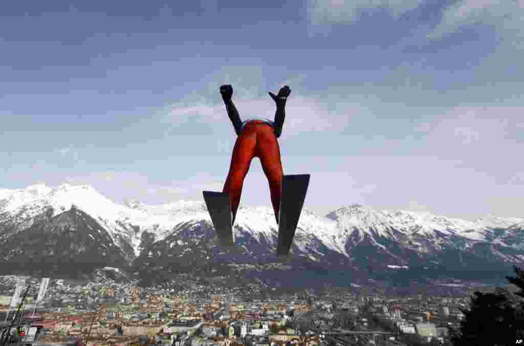 United States' Ben Loomis soars through the air during training for the Nordic Combined HS130, at the Nordic ski World Championships in Innsbruck, Austria.