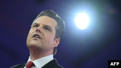 O deputado norte-americano Matt Gaetz, republicano da Florida, discursa na Conferência de Ação Política Conservadora (CPAC) em National Harbor, Maryland, a 23 de fevereiro de 2024.