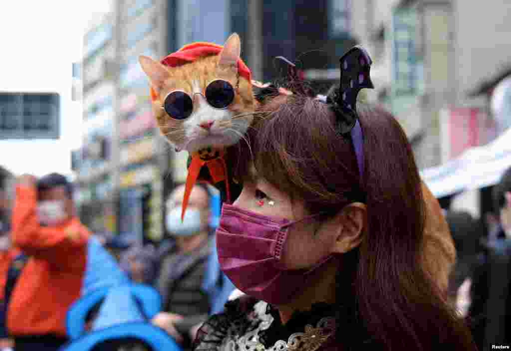 A person with a cat takes part in a Halloween parade in New Taipei, Taiwan, Oct. 30, 2021.