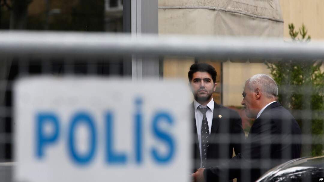 FILE - Security guards stand outside Saudi Arabia's consulate in Istanbul, Oct. 19, 2018. 