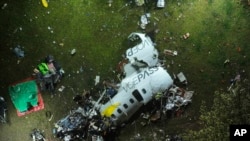 The debris at the site where an airplane crashed with 62 people on board, in Vinhedo, Sao Paulo state, Brazil, early on Saturday, Aug. 10, 2024. 