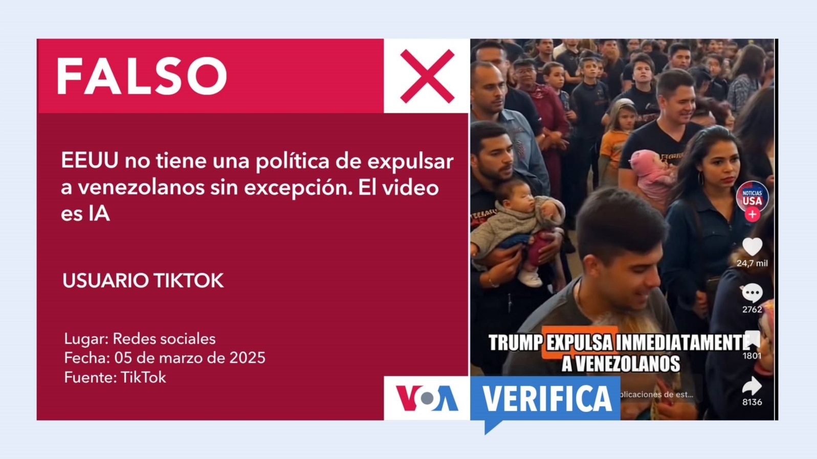 Se trata de un video de TikTok que busca desinformar. El video fue creado con inteligencia artificial (IA). 