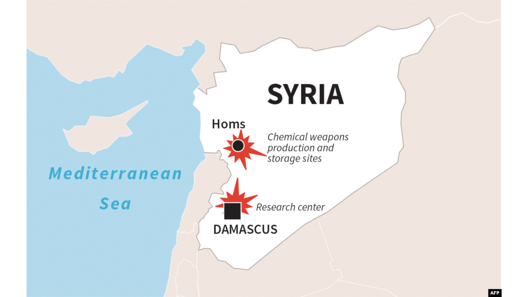 This map shows the location of targets for the April 14, 2018 strikes by Britain, France and the U.S. against Syria chemical weapons facilities.