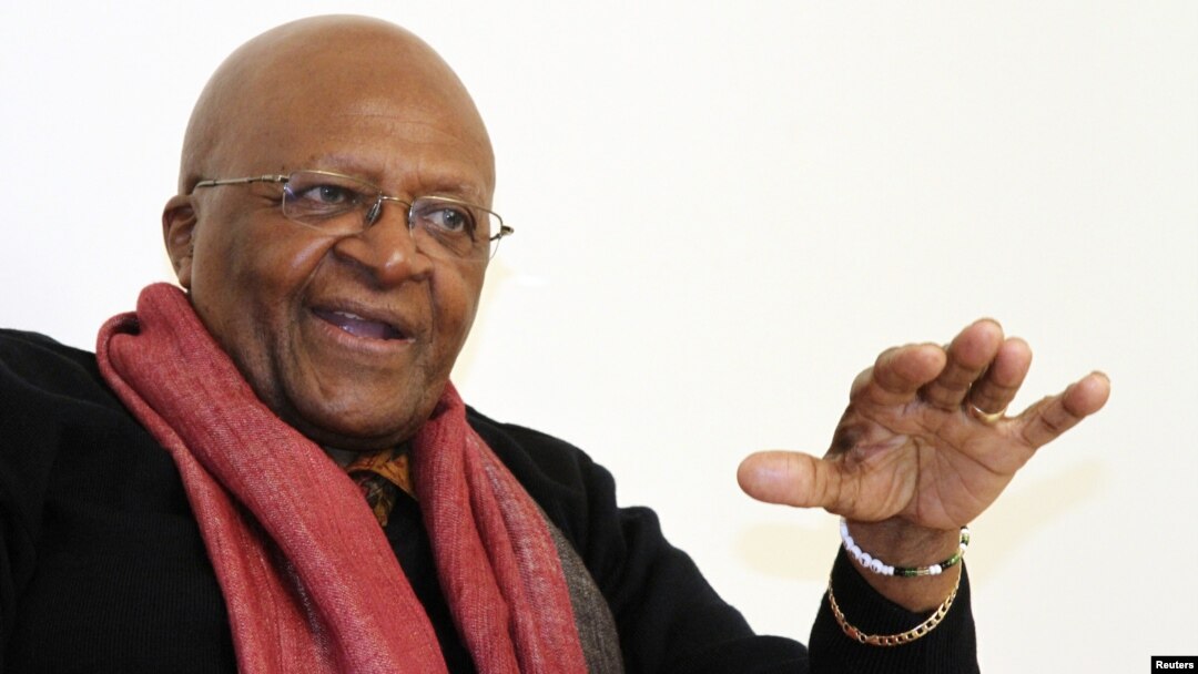 South African Archbishop and Nobel Laureate Desmond Tutu speaks during an interview with Reuters in New Delhi February 8, 2012.