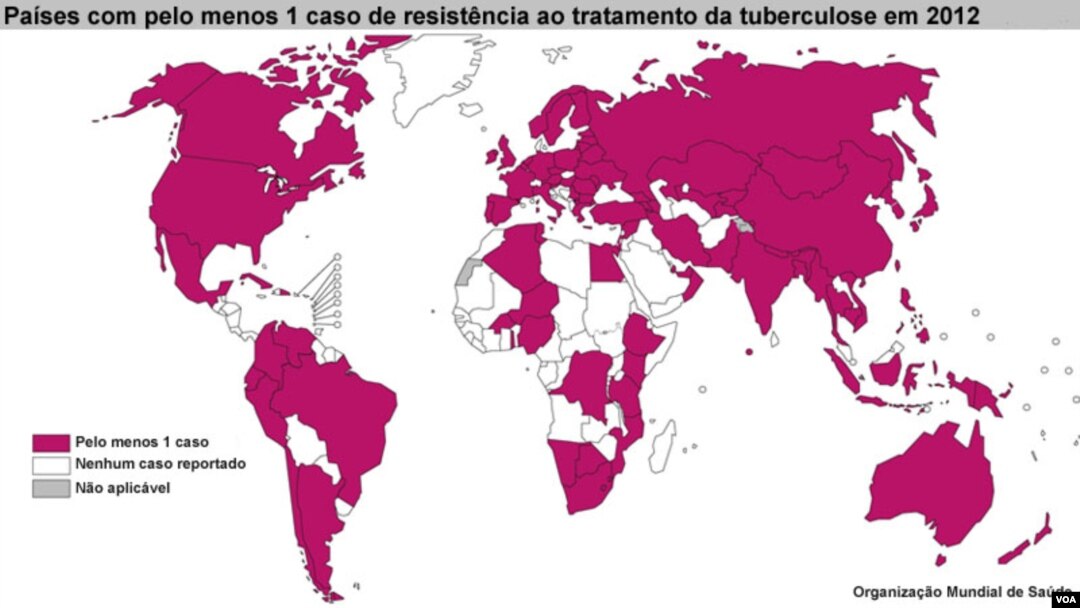 Tuberculose - Mapa de países com pelo menos um caso de resistência ao tratamento no final do ano de 2012