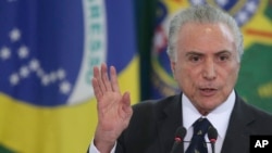 Brazil's President Michel Temer speaks during a swearing ceremony for the newly-named Foreign Minister Aloysio Nunes and Justice Minister Osmar Serraglio, at the Planalto Presidential Palace, in Brasilia, Brazil, March 7, 2017.