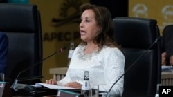 La presidenta de Perú, Dina Boluarte, habla durante el Diálogo Informal de Líderes de APEC en la Cumbre de APEC en Lima, Perú, el viernes 15 de noviembre de 2024. AP
