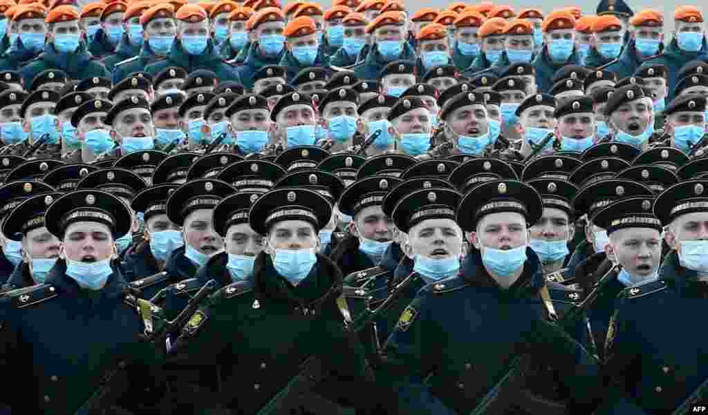 Russian servicemen take part in a rehearsal for the Victory Day military parade in Saint Petersburg. Russia will celebrate the 76th anniversary of the 1945 victory over Nazi Germany on May 9.