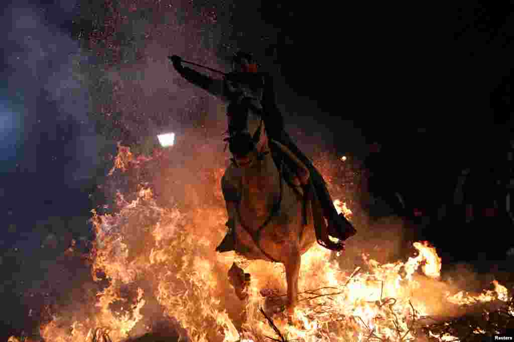 A woman rides a horse through flames during the annual "Luminarias" celebration on the eve of Saint Anthony's day, Spain's patron saint of animals, in the village of San Bartolome de Pinares, northwest of Madrid, Jan. 16, 2019.