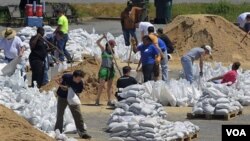 Los residentes reunidos en el estadio Pyramid Arena, ayudan a llenar bolsas de arena para reforzar las defensas en Memphis.