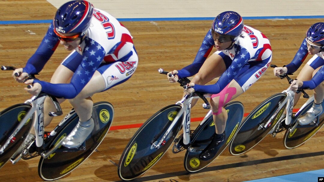 Team USA with Jennie Reed, Dotsie Bausch, and Sarah Hammer (L-R), competes to take a silver medal in the women's team pursuit final during the Track Cycling World Championships in Apeldoorn, Netherlands, March 24, 2011.