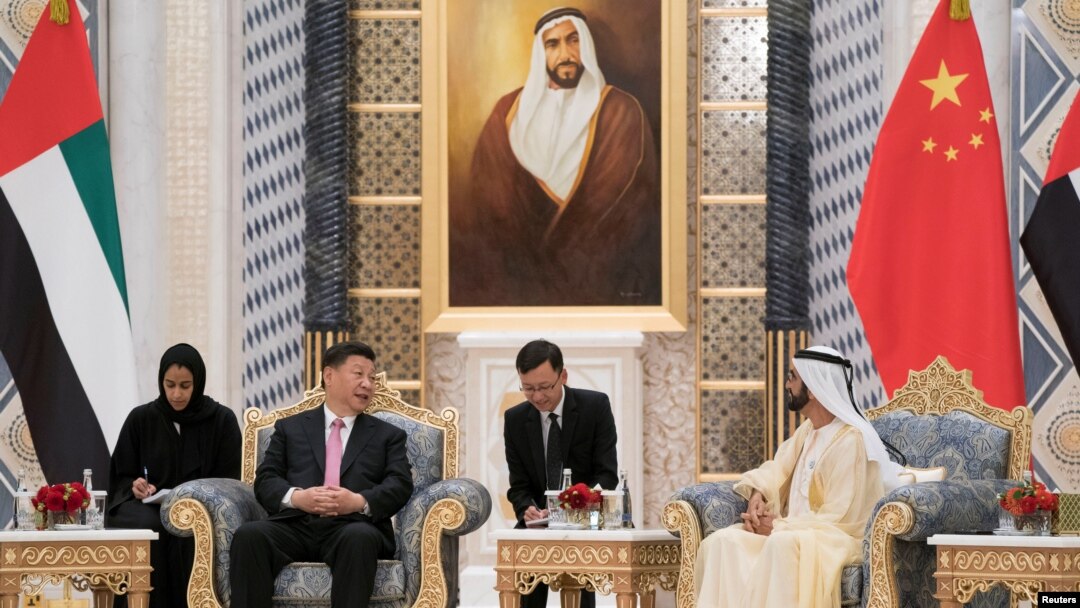 Prime Minister and Vice President of the United Arab Emirates and Ruler of Dubai Sheikh Mohammed bin Rashed al-Maktoum meets with Chinese President Xi Jinping at the Presidential Palace in Abu Dhabi, July 20, 2018. 