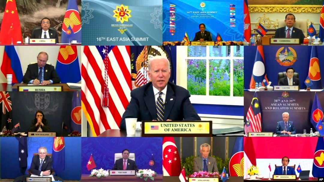 In this image released by Brunei ASEAN Summit, U.S. President Joe Biden speaks at the virtual meeting of ASEAN-East Asia Summit participants held on on the sidelines of the ASEAN summit, Oct. 27, 2021.