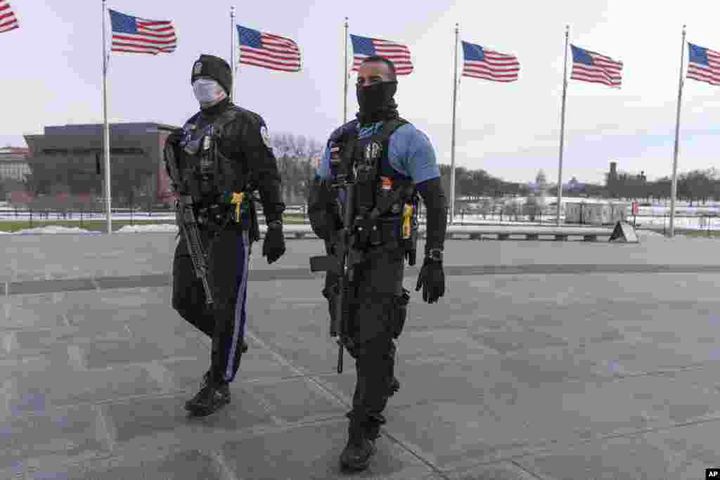 U.S. Park Police patrol the National Mall in Washington. Thursday marks the first anniversary of the Capitol insurrection, a violent attack that has fundamentally changed Congress and prompted widespread concerns about the future of American democracy.