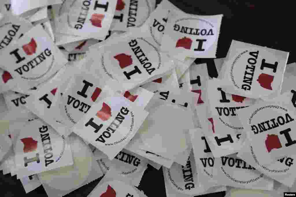 Stickers are pictured during the 2020 U.S. presidential election on election day in New Richmond, Ohio, Nov. 3, 2020.