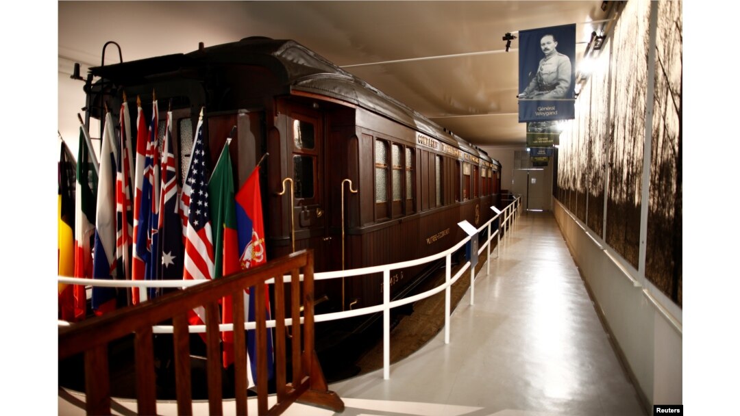 FILE - A view shows the replica of the wagon where the Germans signed the armistice in 1918 that ended the World War I at the Armistice Museum in the Clairiere de Rethondes in Compiegne, France, Aug. 30, 2018.