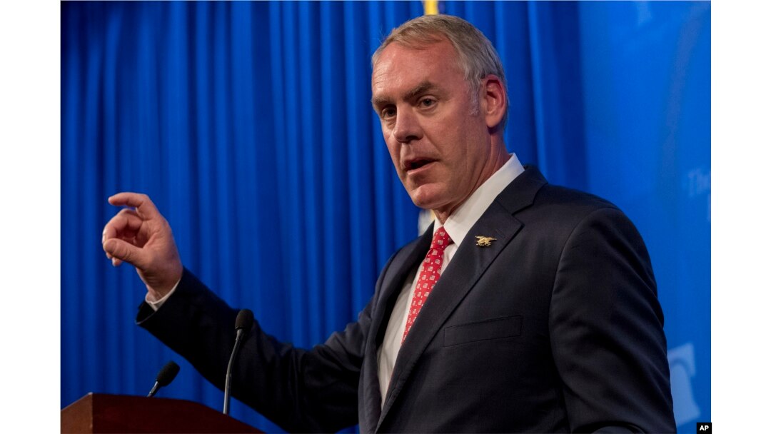FILE - Interior Secretary Ryan Zinke speaks on the Trump administration's energy policy at the Heritage Foundation in Washington, Sept. 29, 2017.