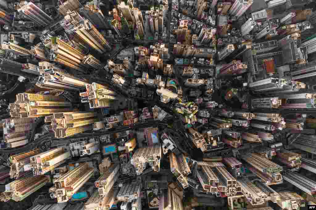 This aerial photo shows commercial and residential buildings in Hong Kong.