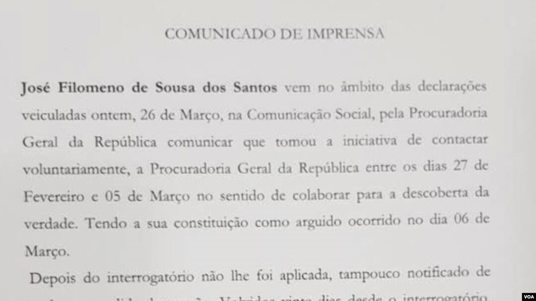 Comunicado de José Filomeno dos Santos sobre medidas de coação