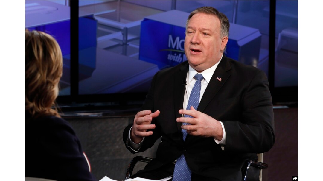 FILE - U.S. Secretary of State Mike Pompeo is interviewed by Maria Bartiromo during her "Mornings with Maria Bartiromo" program on the Fox Business Network, in New York, Feb. 21, 2019.