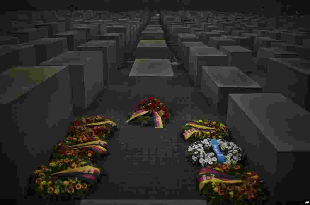 Wreaths are placed at the Memorial to the Murdered Jews of Europe on International Holocaust Remembrance Day in Berlin, Germany.