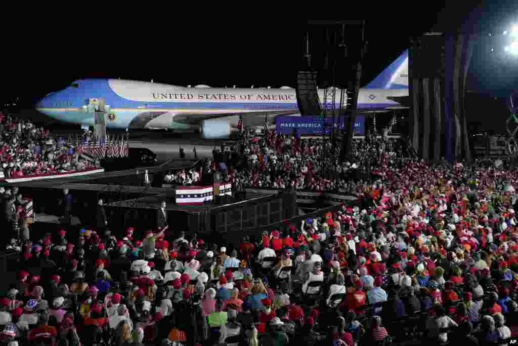 President Donald Trump speaks during a campaign rally at Orlando Sanford International Airport, Monday, Oct. 12, 2020, in Sanford, Fla.
