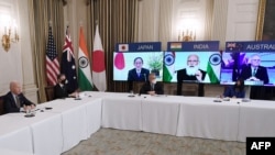 2021年3月12日，美國總統拜登在白宮與日本、印度和澳大利亞領導人舉行虛擬峰會。（法新社照片）