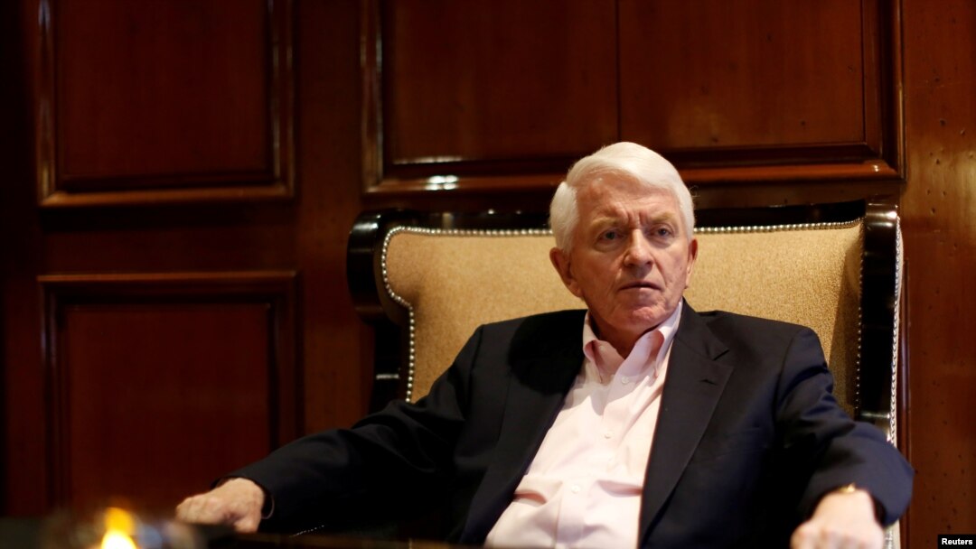 FILE - Tom Donohue, president of U.S. Chamber of Commerce, gestures during an interview with Reuters in Mexico City, Mexico, April 23, 2017.