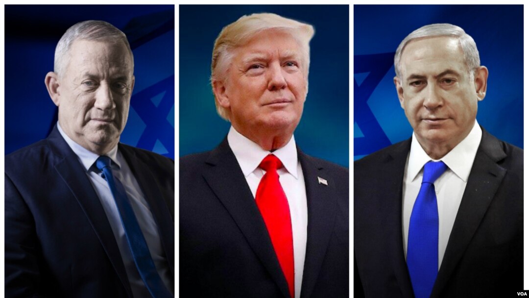Rais Donald Trumpm, Waziri Mkuu wa Israel Benjamin Netanyahu na mkuu wa majeshi wa zamani Benny Gantz
