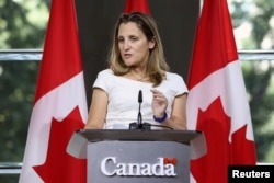 Canadian Foreign Minister Chrystia Freeland takes part in a news conference at the Embassy of Canada in Washington, Aug. 31, 2018.