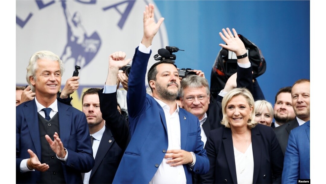 Geert Wilders, leader of Dutch party PVV (Party for Freedom), Italy's Deputy Prime Minister Matteo Salvini, Marine Le Pen, leader of French National Rally party attend a major rally of European nationalist and far-right parties in Milan, May 18, 2019.