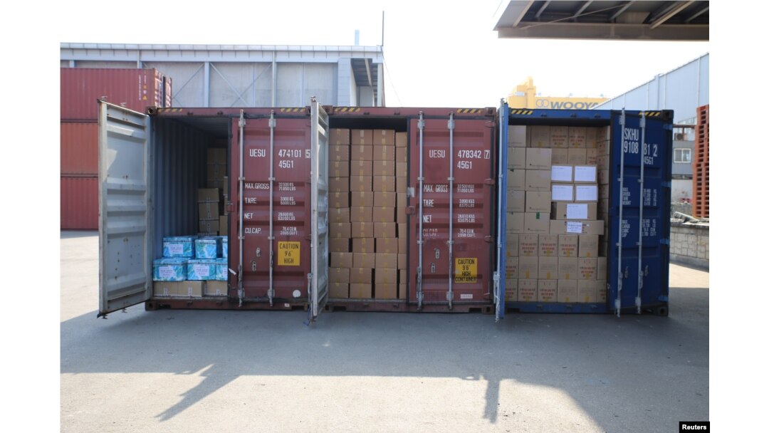 Medicine supplies stacked in containers are seen after shipments to North Korea were delayed at a port in Pyeongtaek, South Korea, Feb.25, 2016, in this handout photo released by the Eugene Bell Foundation.