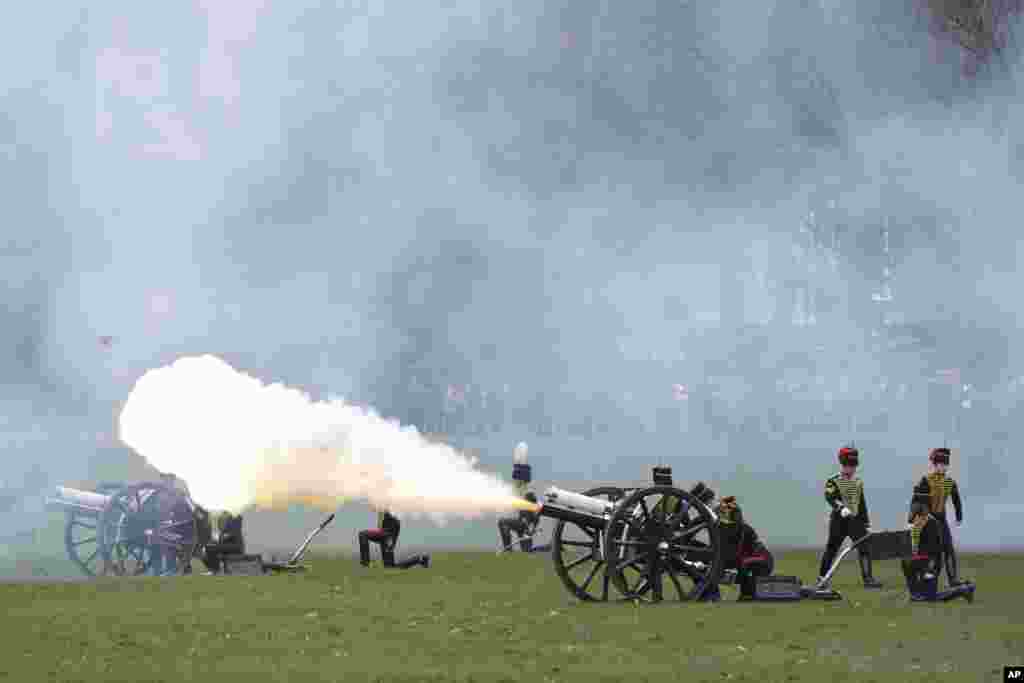 The King's Troop Royal Horse Artillery stage a 41-Gun Royal Salute to celebrate the 66th anniversary of Britain's Queen Elizabeth II's accession to the throne in London.