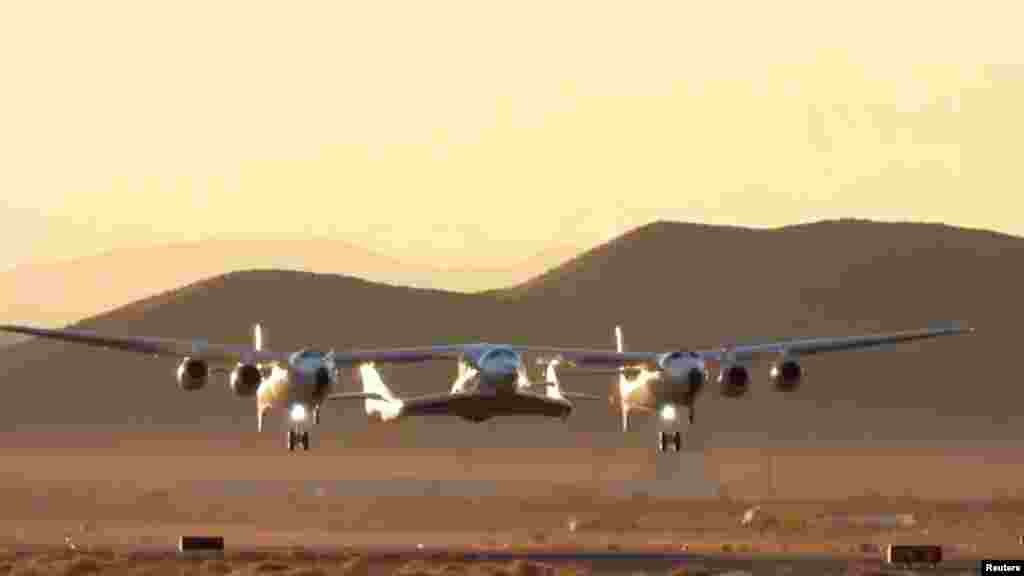 Virgin Galactic's carrier airplane WhiteKnightTwo carrying a space tourism rocket plane SpaceShipTwo takes off from Mojave Air and Space Port in Mojave, California, in a still image from video.
