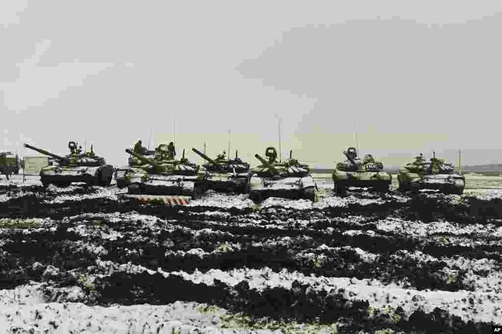 Russian tanks T-72B3 take part in drills at the Kadamovskiy firing range in the Rostov region in southern Russia, Jan. 12, 2022. Russia has rejected Western complaints about its troop buildup near Ukraine, saying it deploys them wherever it deems necessary on its own territory.