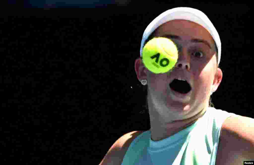 Latvia's Jelena Ostapenko reacts during her third round match against Czech Republic's Barbora Krejcikova, during the Australian Open at Melbourne Park, in Melbourne, Australia.