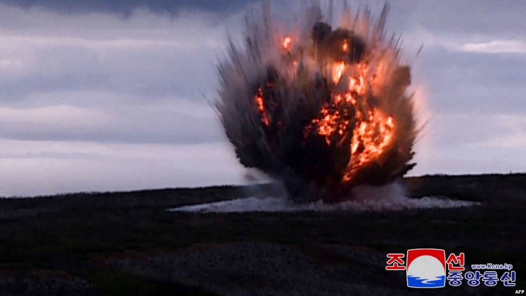 This picture taken on Sept. 18, 2024 and released from North Korea's official Korean Central News Agency (KCNA) via KNS on Sept. 19, 2024 shows a new tactical ballistic missile landing on the target during a test-firing, at an undisclosed location in North Korea.