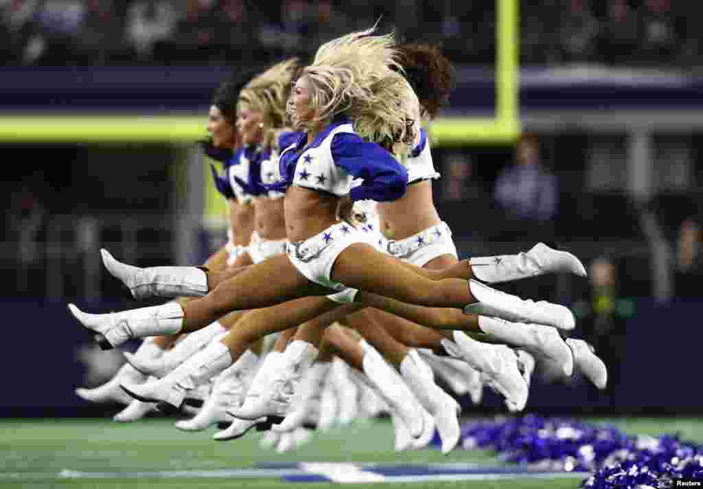 Dallas Cowboys cheerleaders jump as they perform prior to the game against the New Orleans Saints at AT&T Stadium, Arlington, TX, USA, Nov 29, 2018. (Matthew Emmons-USA TODAY Sports)