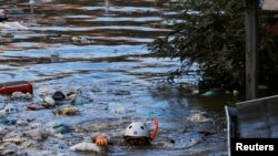 A rescue worker swims as he checks around a flooded residential area due to Typhoon Hagibis, in Kawasaki, Japan, October 13, 2019.